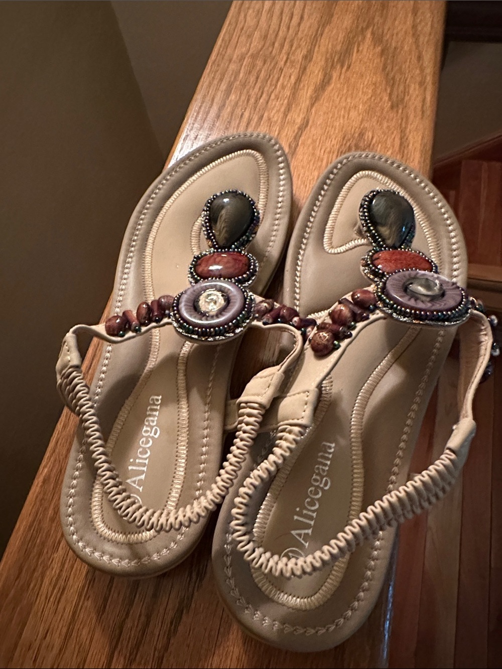 Beige Beaded T-Strap Sandals